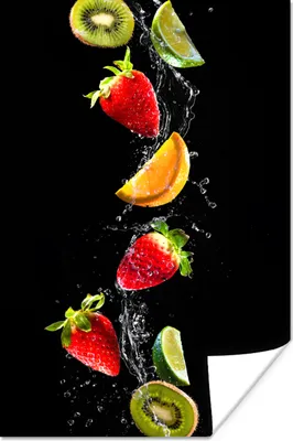 Produktbild von MuchoWow® Poster Obst - Wasser - Schwarz - Stillleben Erdbeere - Kiwi 80x120 cm - Papierdruck