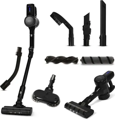 A collage of vacuum cleaner accessories and components.