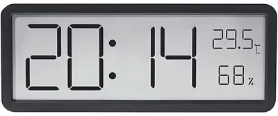 Produktbild von Digitale Wanduhr Schwarz, 20 cm, mit Temperatur, Luftfeuchtigkeit & Datum, Großes Display, Wand/Tisch, Batterie/Netzbetrieb