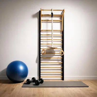 Image de QLS Échelle de gymnastique multifonctionnelle en bois 4 en 1, fixation murale, 195 x 80 cm, noir 11442