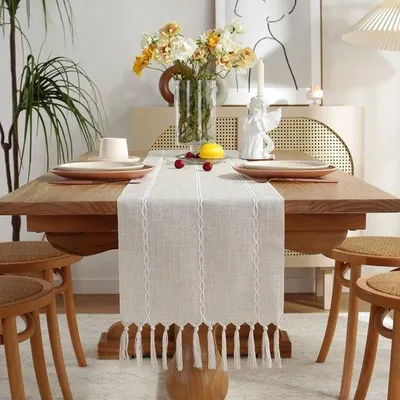 Productafbeelding van Ibenzoa® katoen-linnen tafelkleed, 33 x 90 cm (zonder franjes) – Bohemien tafelkleed met handgemaakte franjes, 1 stuk