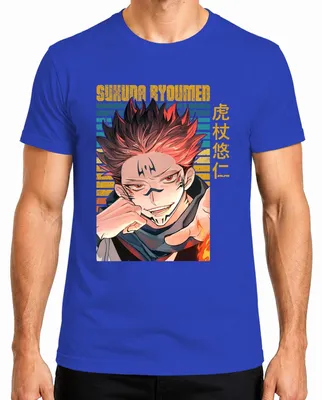 Imagen del producto de Camiseta para hombre, diseño de Sukuna Ryoumen de Jujutsu Kaisen, color azul, talla S, con temática de demonio y estilo oscuro. Ideal como regalo para fans