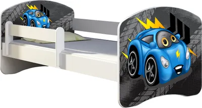 Immagine prodotto di ACMA letto per ragazzi letto junior completo di materasso a doghe e protezione anticaduta Bianco 05 Blu auto 140x70