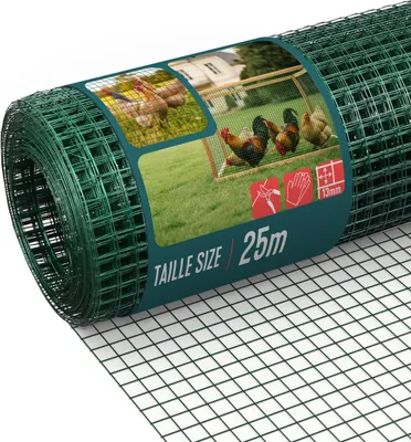 Produktbild von VOUNOT® Drahtgitter 1x25m auf Rolle, Maschenweite 13 mm, Drahtstärke 0.8 mm, PVC Grün