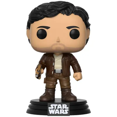 A Funko Pop! vinyl figure of Poe Dameron from Star Wars, standing on a black display base.