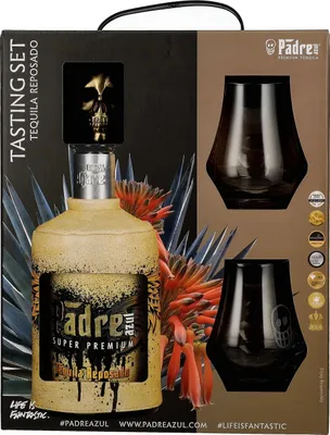 Produktbild von Padre Azul Super Premium Tequila Reposado 100% Agave 40% Vol. 0,7l in Geschenkbox mit 2 Gläsern