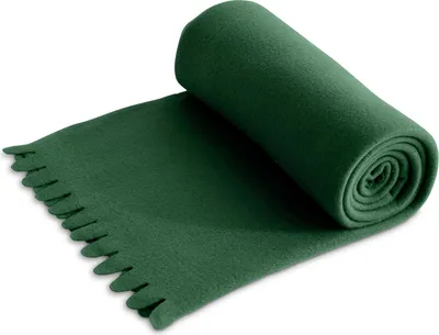 A rolled-up dark green fleece blanket with a fringed edge is shown on a white background.