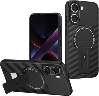 Produktbild von Hülle für Xiaomi Poco X7 Pro Magnetisch Carbonfaser Design TPU Hybrid Handyhülle mit Ständer Schwarz