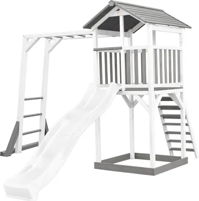 Produktbild von AXI Beach Tower Spielturm aus Holz in Weiß & Grau | Spielhaus für Kinder mit weißer Rutsche, Klettergerüst und Sandkasten | Stelzenhaus für den Garten