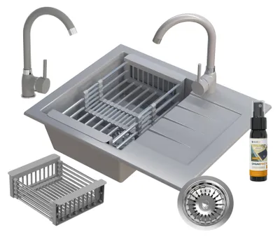 Produktbild von Granitan | Granitspüle - MILANO - mit Armatur - mit Siphon - mit Korbventil - mit Abtropffläche - 1-Becken - Grau - 57.4 x 46.4 cm - moderne Küchenspüle