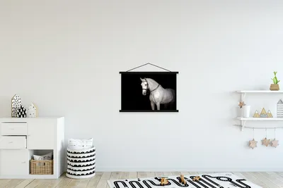 Produktbild von MuchoWow® Textilposter Pferd - Weiß - Schwarz 60x40 cm mit schwarzem Rahmen - Hölzernes