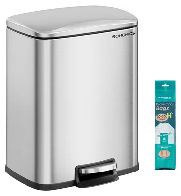 Imagen del producto de Cubo de basura con tapa de cierre suave - 20 litros - Diseño elegante - Acero inoxidable - Plateado - Incluye 15 bolsas de basura