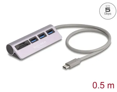 Imagen del producto de Hub USB de Delock con 3 puertos, velocidad de 5 Gbps, lector de tarjetas SD y Micro SD, y conexión USB Type-C