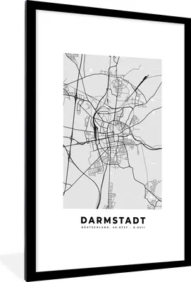 Produktbild von MuchoWow® Gerahmtes Poster Karte - Darmstadt - Deutschland - Stadtplan - Karte 60x90 cm - Poster mit Schwarzem Bilderrahmen Wandposter Rahmen Foto Bilder - Dekoration - Wandposter Wohnzimmer - Hochwertig