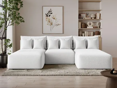 Produktbild von GrainGold Ecksofa U-Form Ronni - Ecksofa mit Schlaffunktion, Bettkasten - Moderne Ecksofa, Wohnzimmer Sofa - Eckcouch mit Bouclé-Stoff -  Weiß