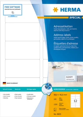 Image de HERMA Inkjet-Etiketten SPECIAL, 88,9 x 46,6 mm, weiá