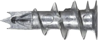 A close-up, isolated shot of a metal drywall anchor.
