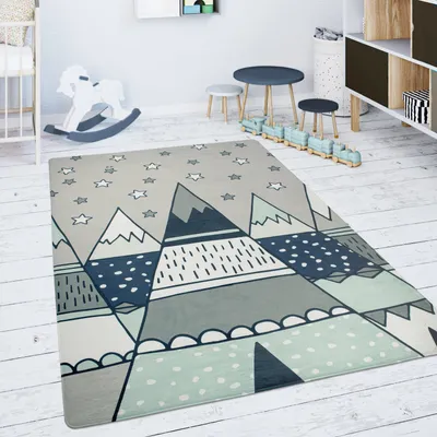 Image de Tapis pour enfants Tapis pour chambre d'enfants Tapis de jeu antidérapant Motif étoiles, tente tipi Gris, vert Dimensions 120 x 160 cm