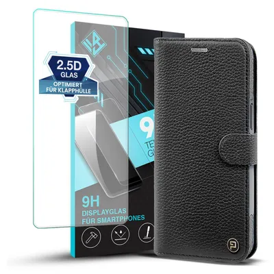 A black leather flip phone case and a screen protector are displayed together.