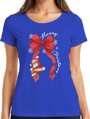 Produktbild von Merry Christmas Weihnachtsmann rote Schleife Schneeflocken Damen T-Shirt, Blau, XXL