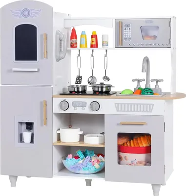 Produktbild von Holz Spielküche für Kinder - Küchen Spielset - Mit Licht & Sound - Kühlschrank mit Doppeltür & Eiswürfelspender - Für Kinder 6–12 Jahre - Grau Holzoptik