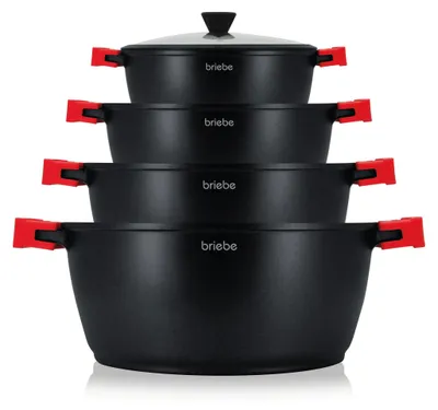 Produktbild von Briebe BLACKT4 Kochtopf Set Induktions 8-Teilig Aluminiumguss 4 Kochtöpfen 4 Glasdeckel Schwarz