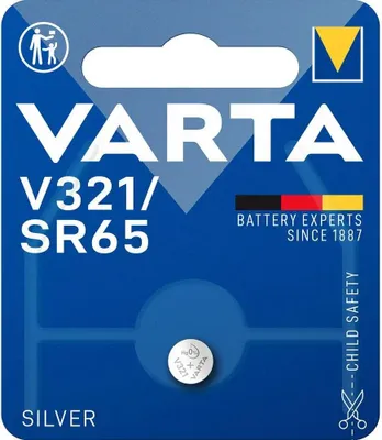 A Varta V321/SR65 silver battery in its retail packaging.