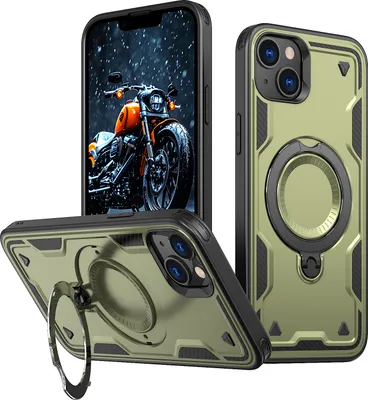 Produktbild von Dual Layer Hülle für iPhone 13/iPhone 14 Metall Ring Ständer Magnetisch Stoßfest Militär Handyhülle Grün