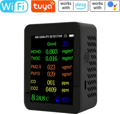 Produktbild von Tuya WiFi 9 w 1 miernik jakości powietrza PM2.5, PM10, CO, CO2, TVOC, HCHO, AQI, tester temperatury i wilgotności, kolorowy ekran, detektor dwutlenku węgla z funkcją wyświetlania czasu i daty