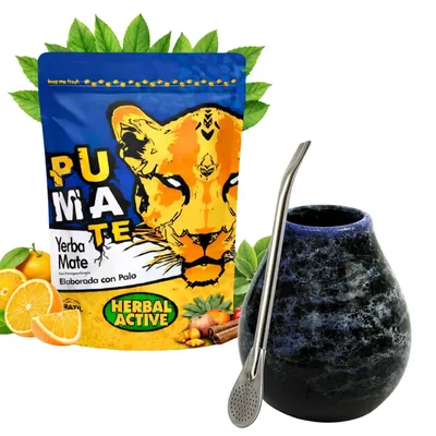 Obrázok produktu pre Súprava na čaj Yerba Mate PumaTe Herbal Active 500 g s keramickým pohárom na mate Marmol a bombillou – čaj Yerba Mate s ovocnými a bylinnými prísadami
