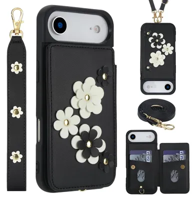 Obrázok produktu pre Crossbody puzdro z umelej kože pre Apple iPhone 17 Air s kvetinovým motívom a puzdrom na karty čierne