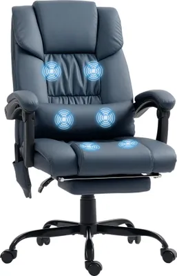Image de Vinsetto Fauteuil de bureau massant avec repose-pieds, chaise de bureau, chaise ergonomique, hauteur réglable, dossier inclinable et télécommande filaire, tissu en revêtement synthétique, bleu