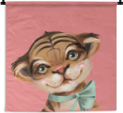 Produktbild von MuchoWow® Wandteppich Wandbehang Tiger - Porträt - Schleife 150x150 cm Tapisserie Dekoration Wandtuch - Wohnaccessoires - Modernes