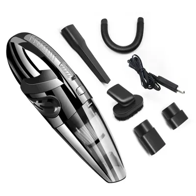 A handheld vacuum cleaner and its accessories are laid out on a white background.