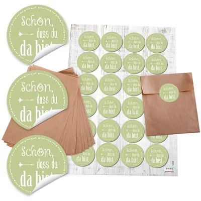 Produktbild von 24 braune Papiertüten Geschenktüten f. Gastgeschenke 13 x 18 cm und 24 runde Aufkleber 4 cm in pastell grün SCHÖN, DASS DU DA BIST zur Hochzeit, Geburtstag als Mitgebsel Verpackung