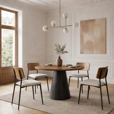 Produktbild von Runder Ausziehbarer Tisch für Esszimmer, CORTIC BIS, Loft-Stil, Skandinavische, Durchmesser: 100/176 cm, Farbe: Eiche Lefkas /Schwarz