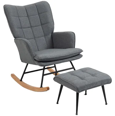 Productafbeelding van Schommelstoel met voetenbankje, comfortabel, tot 130 kg, linnenlook, 64x89x90cm, grijs