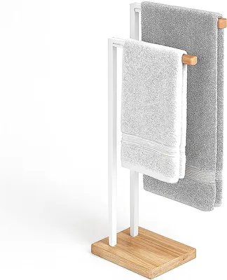 Produktbild von Handtuchhalter für das Badezimmer mit 2 Stangen – Stahl und Bambus – 80,5 x 38,5 x 19,5 cm – Weiß