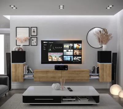 Immagine prodotto di Furnitech Parete attrezzata soggiorno - Mobili da soggiorno con LED RGB - 16 colori - Parete attrezzata moderna - Scaffali e mobile TV (AN104-21BDZ-HGM7-1B)