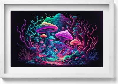 Produktbild von Neon-Pilze– Wandbild mit Rahmen – Gerahmtes Bild  – Wanddekoration – 60x40 cm –  Schwarz Rahmen