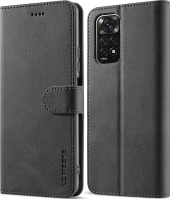 A black flip case for a smartphone, shown open.