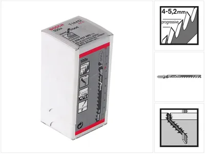 Zdjęcie produktu dla Bosch 2 608 637 880, Ostrze wyrzynarki, Płyta wiórowa, Płyta pilśniowa, Miękkie drewno, Płyta stolarska, Stal wysokowęglowa (HCS), Szary, 4 mm, 5,2 mm