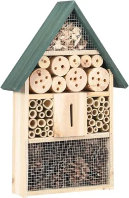 Image de Hôtel à insectes en bois massif - 31 x 10 x 48 cm - avec fente pour papillons et bambou - Aide à la nidification naturelle pour les abeilles, les papillons et les coléoptères