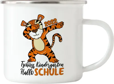 Produktbild von Tschüss Kindergarten Hallo Schule 2022 Emaille Tasse Einschulung 1. Klasse Tiger Dab Geschenkidee