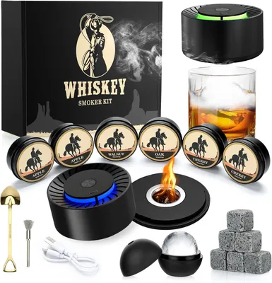 Productafbeelding van Elektrische whiskyrokerset - 6 houtsnippers - 6 whiskystenen - Ijsbalvormen - Oplaadbare whiskyrokerset met LED-licht - Ouderwetse drank Smoke-r