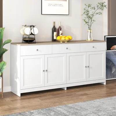 Produktbild von Komoda Merax z trzema szufladami i czterema klapami, kredens w stylu wiejskim, kredens szafka do przechowywania szafka do salonu, 160x75x37cm, biały