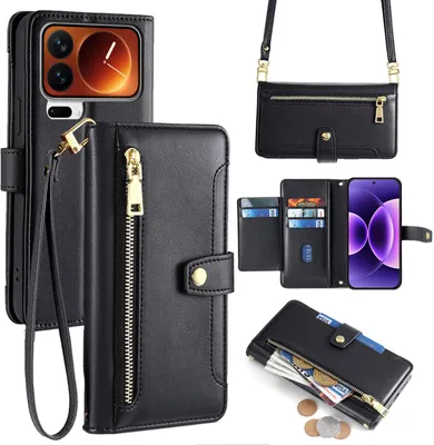 Produktbild von Handykette für Xiaomi 17 Pro Hülle mit Band Handyhülle Kartenfächer Kunstleder Umhängetasche in Schwarz
