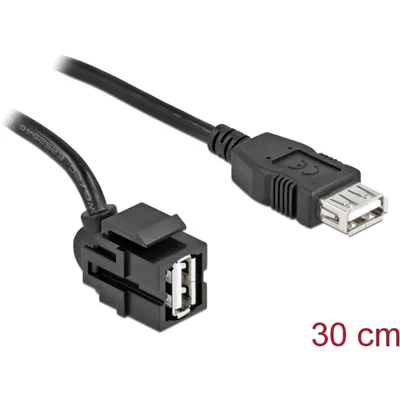Produktbild von DeLOCK Keystone Modul USB 2.0 A Buchse 250° > USB 2.0 A Buchse mit Kabel schwarz, Flach, Schwarz, USB A, USB A, Weiblich, Weiblich