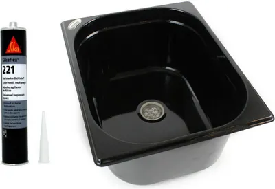 Produktbild von Edelstahl Spülbecken schwarz Camping Spüle Waschbecken+Ablauf T=150mm + Kleber