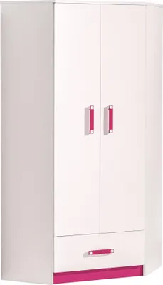 Produktbild von Furniture24 Eckkleiderschrank TRAFIKO 02, 2 Türiger Drehtürenschrank, Eckschrank mit 3 Einlegeböden, Kleiderstange und Schublade, Kleiderschrank für Jugendzimmer, Kinderzimmer Weiß/Rosa